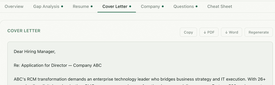Cover letter screenshot