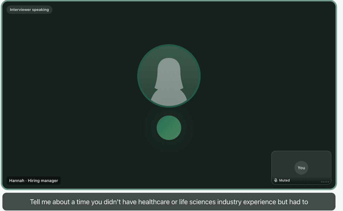The mock interview screen with the interviewer tile and live captions