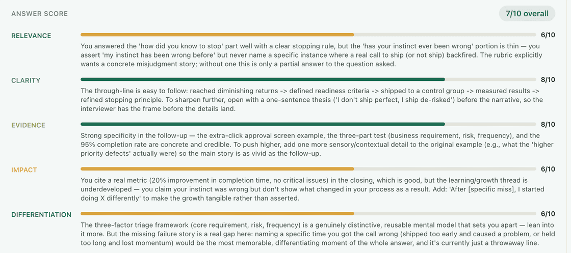 A Practice by Topic answer scored on five dimensions